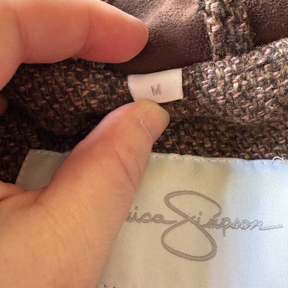 Jessica Simpson Tweed Coat M Brown Pink  Double Breasted Faux Suede Y2K Warm - Picture 4 of 12